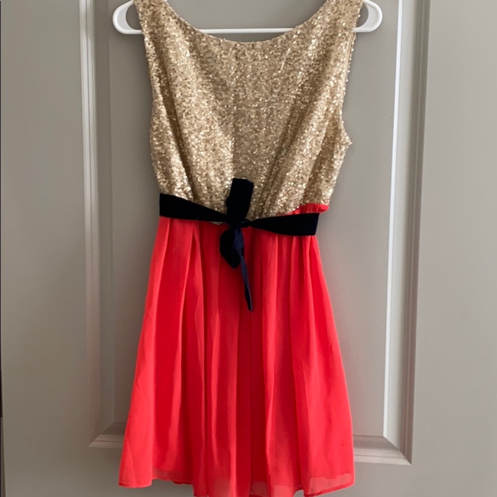 Champagne sequin and salmon/pink chiffon minidress